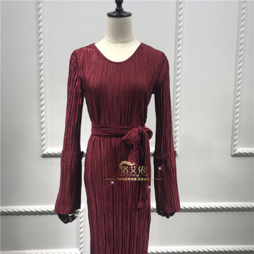 Muslim Wrinkled Pencil Skirt Pliss Maxi Dress Abayas for Women Long Robes