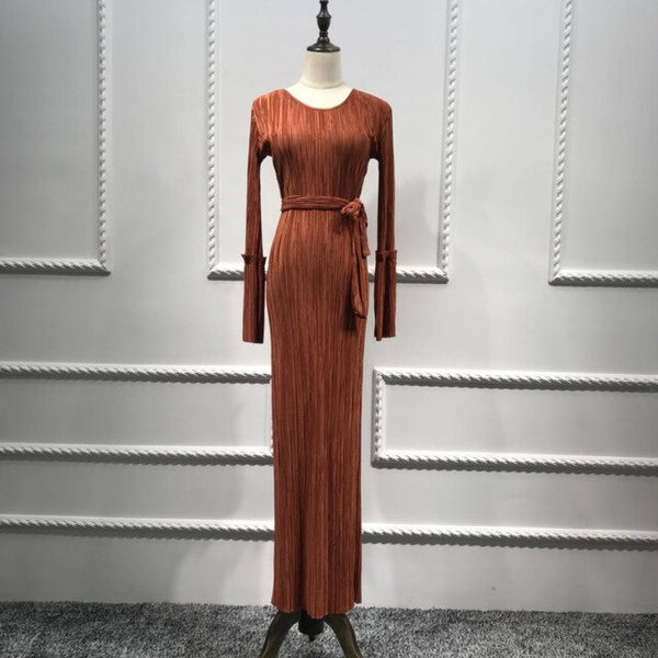 Muslim Wrinkled Pencil Skirt Pliss Maxi Dress Abayas for Women Long Robes
