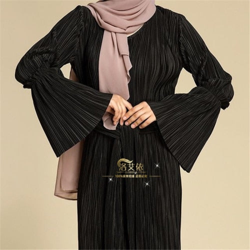 Muslim Wrinkled Pencil Skirt Pliss Maxi Dress Abayas for Women Long Robes