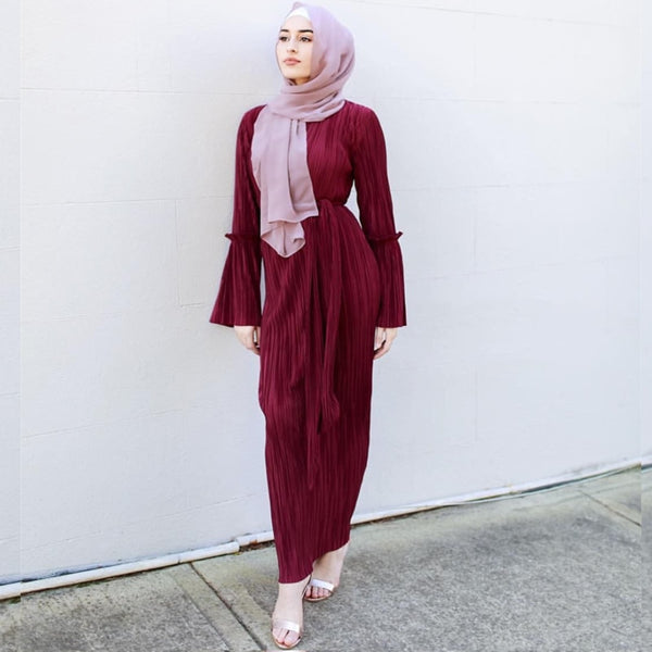 Muslim Wrinkled Pencil Skirt Pliss Maxi Dress Abayas for Women Long Robes