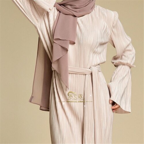 Muslim Wrinkled Pencil Skirt Pliss Maxi Dress Abayas for Women Long Robes