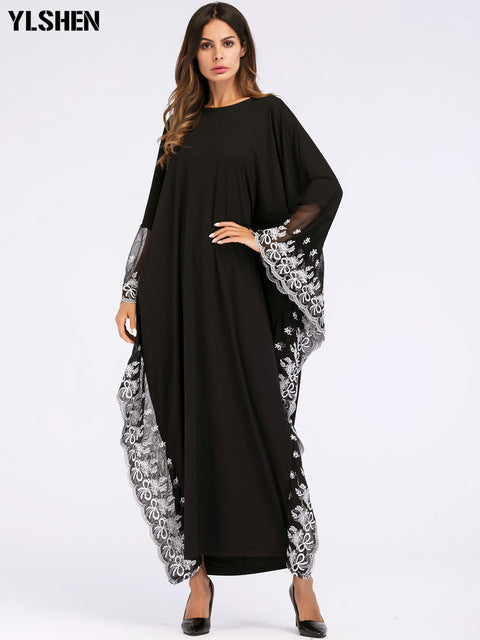 2019 Muslim Abaya Dubai Women Sexy Lace Embroidered Batwing Sleeve Moslim Dress Kaftan Islamic Turkey Islamic Clothing Black