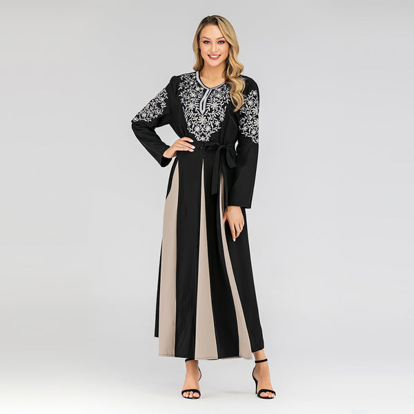 Middle Eastern Floral Embroidered Muslim Dress O-Neck Long Sleeve Color Stitching
